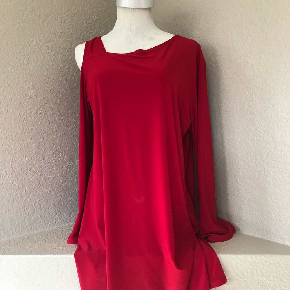Clara Sun Woo Red Drop Shoulder Tunic Top Size Large w/Bell Sleeves